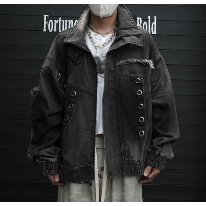 Distressed Metal Button Denim Jacket With Raw Hem Deconstructed Design Streetwear Oversized Collar Workwear Style