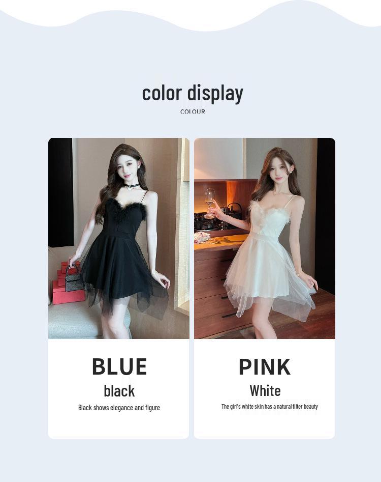 Sultry Mesh Deep V Fur Collar A-line Dress with Irregular Hem
