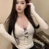 Bow lace v-neck long-sleeved women's spring and summer slim-fit short inner bottoming shirt top