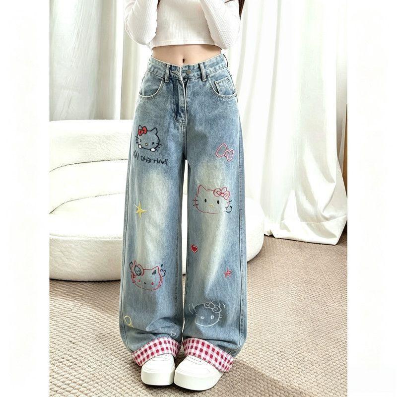 Womens High Waist Wide Leg Jeans Kitty Embroidery Loose Fit Casual Denim Pants 2026