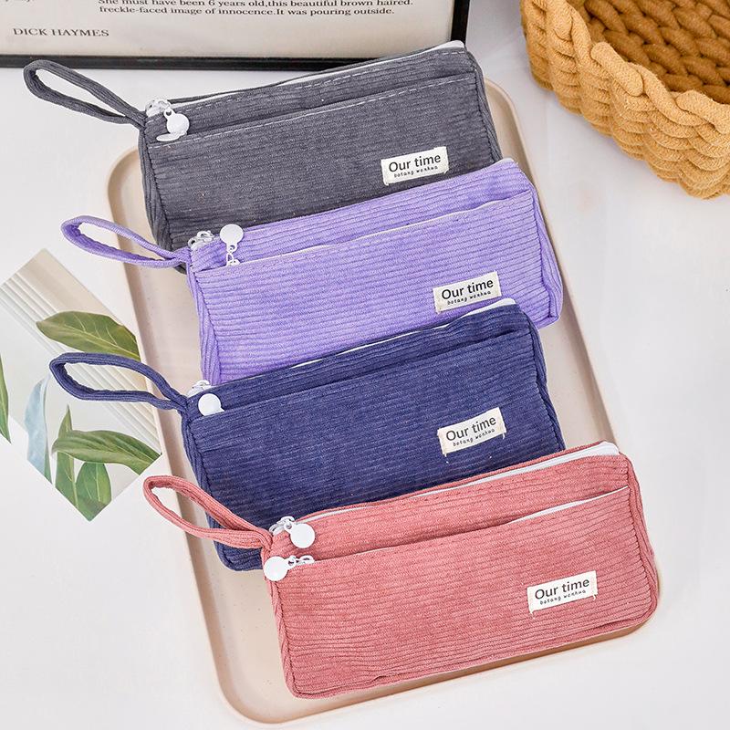Stylish Korean Corduroy Pencil Case - Large Capacity, Solid Color for Junior High Students
