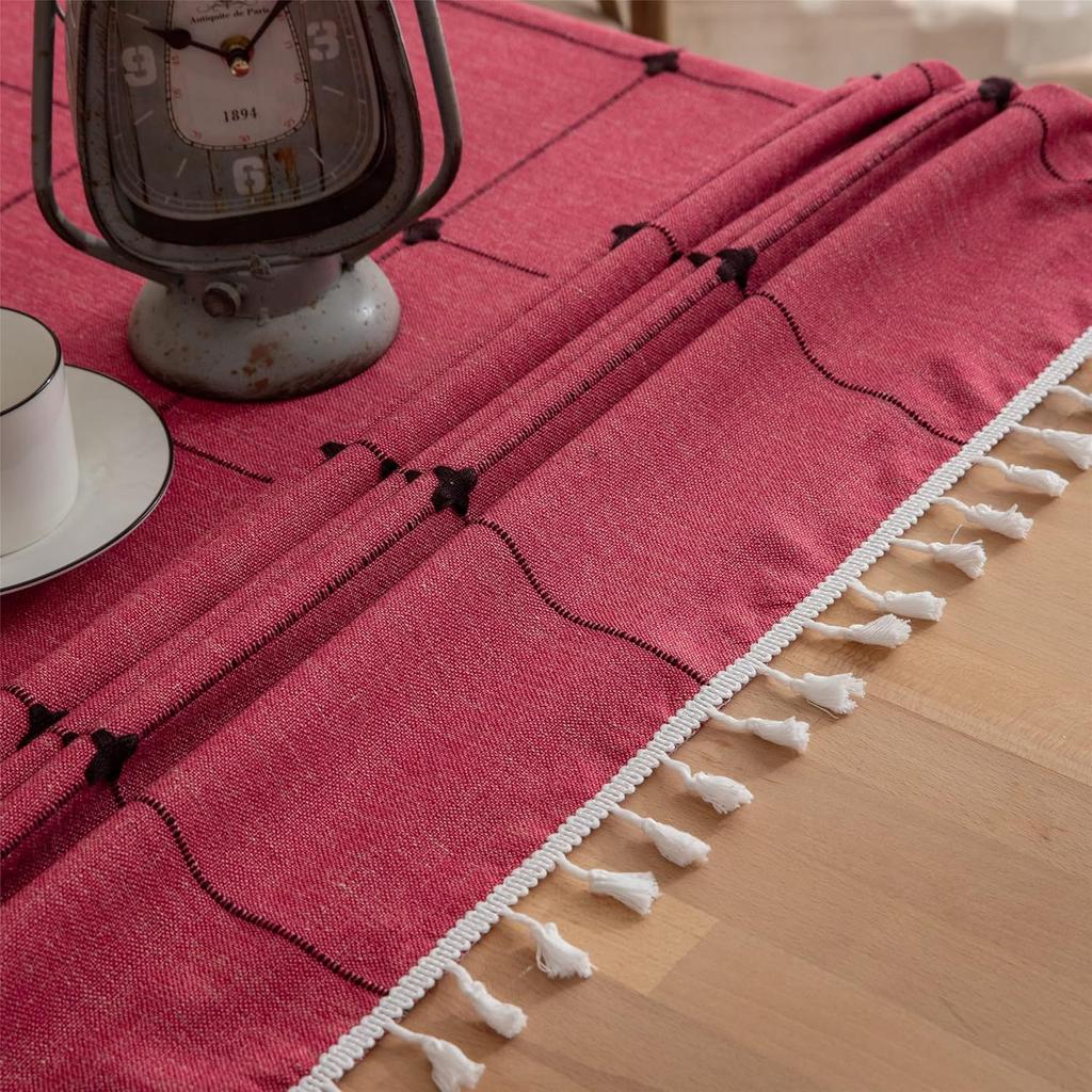 Baumwolle Leinen Quadratische Stickerei Quaste Tischdecke Staubdicht Kariert Tischdecke Für Weihnachten Küche Esszimmer Tischplatte Deko