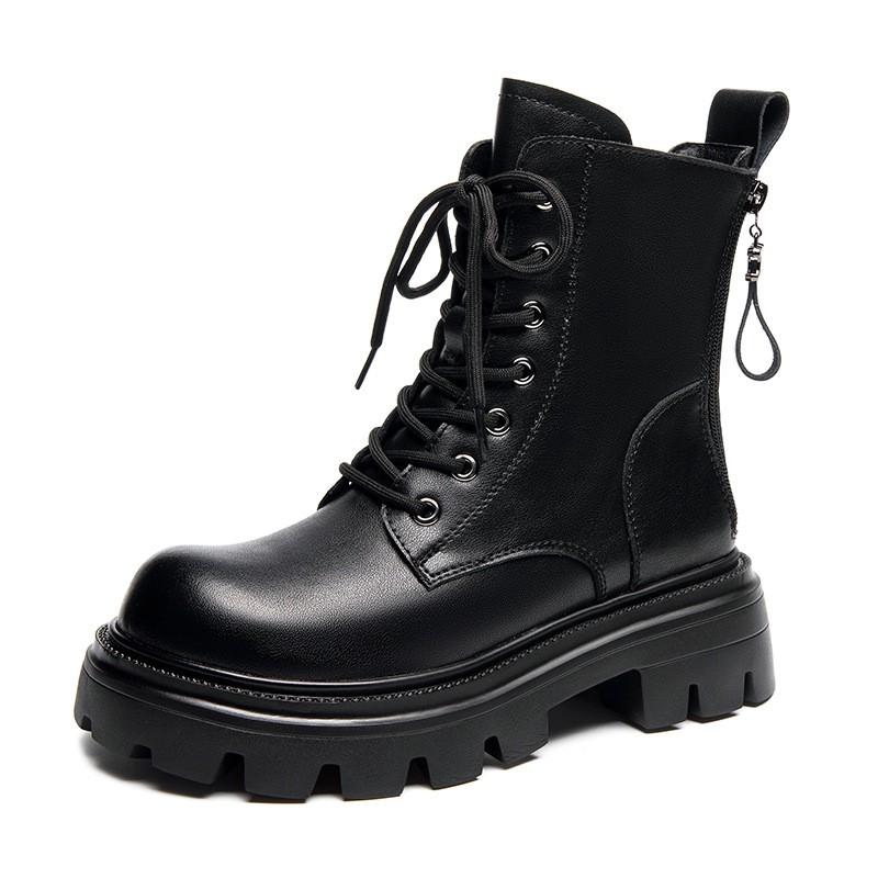 Womens Chunky Sole Chelsea Boots With Zipper Back Lace-Up Front Classic British Style Ankle Winter