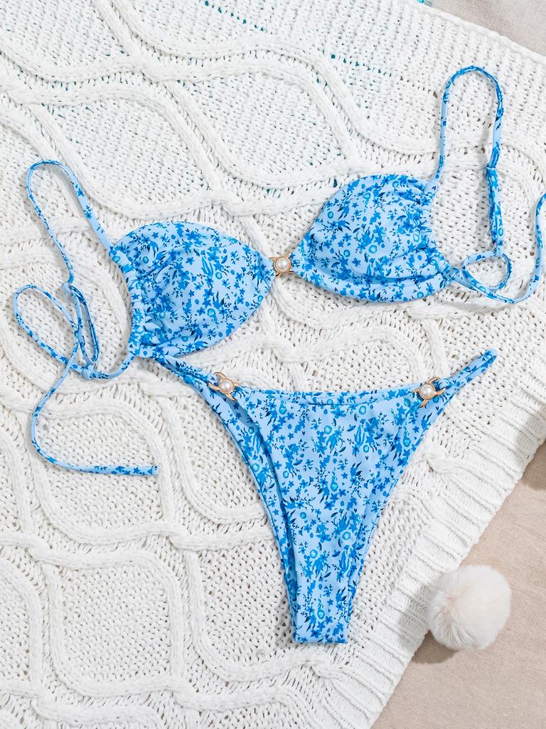 Triangle Strap Pearl Sexy Bikini Split Swimsuit