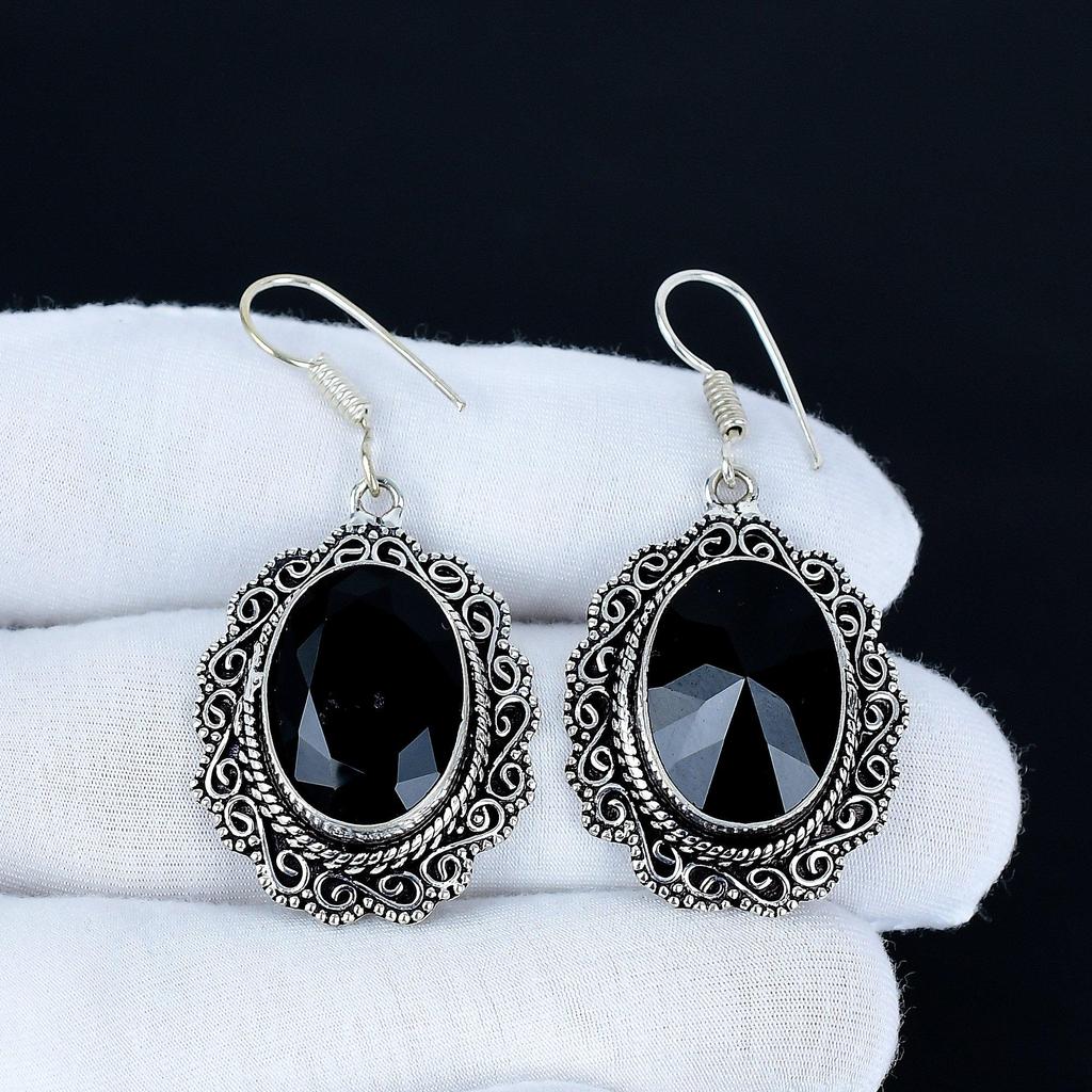 Black Spinel Gemstone Earrings, 925 Sterling Silver Earrings, Handmade Silver Earrings For Gift, Black Spinel Dangle Drop Earrings For New Year Gift