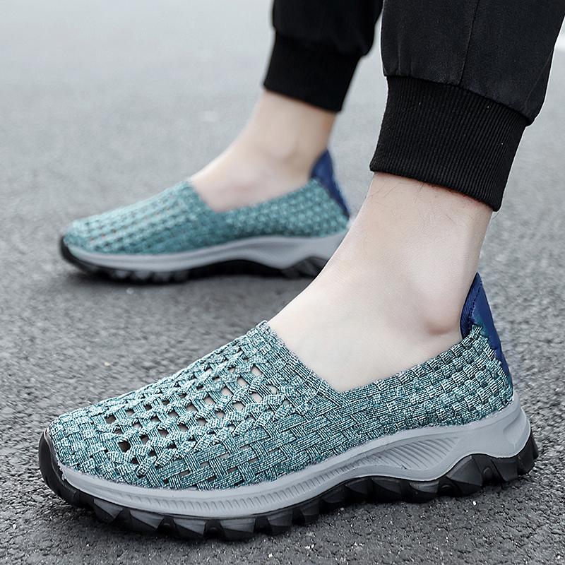 Summer Men Sneakers Braid Beach Shoes Casual Weave Blue Grey Breathable Slip on Flats Tennis Sneakers