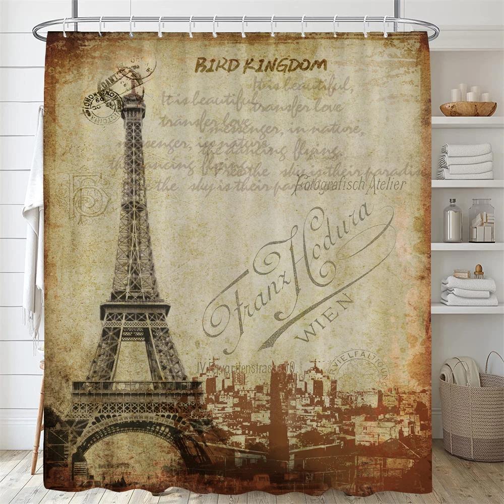 Ретро Эйфелева башня и цветы Душевая занавеска Принт Современный скандинавский минимализм Полиэстер Домашний декор Занавеска для ванной комнаты с крючками W90xH180cm-35x70in