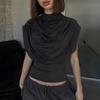 C25TP449 Women's Solid Color Sleeveless Slim Fit High Neck Draped Top