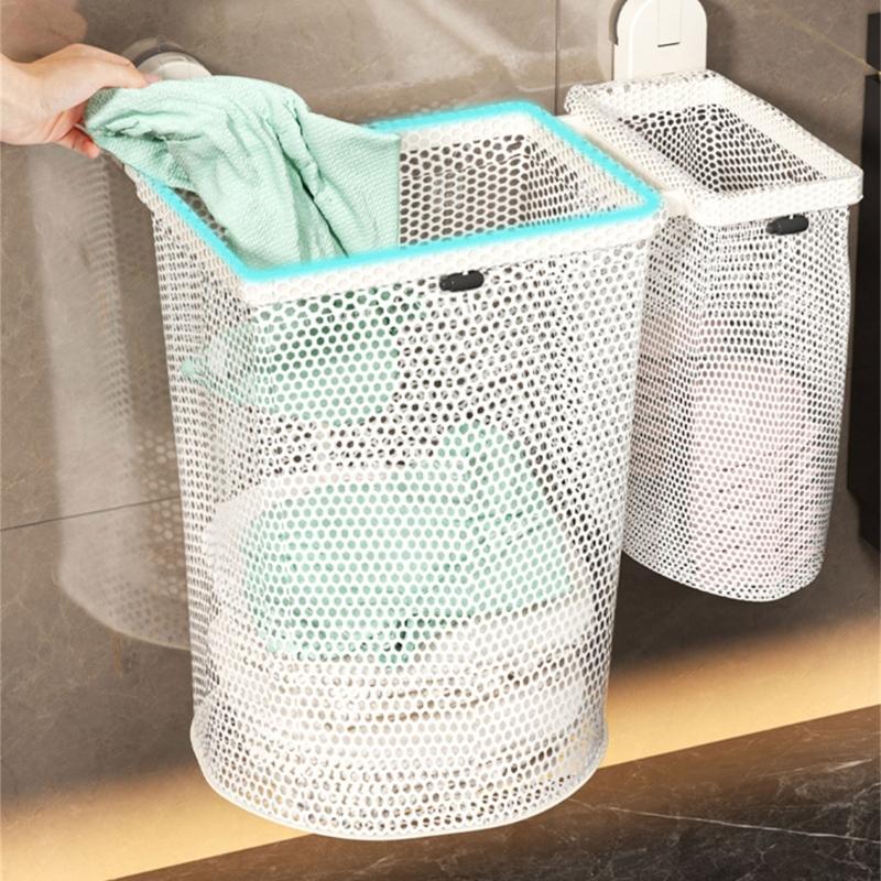 Easy Install Suction Cup Laundry Basket Foldable Mesh Storage Modern Styles Bathroom Organizer Holds Bulk Clothes