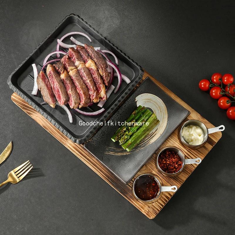Korean Style Barbecue Stove Set Dining Room Single and Double Tableware Cast Iron Barbecue Plate Square Alcohol Oven Baking Tray