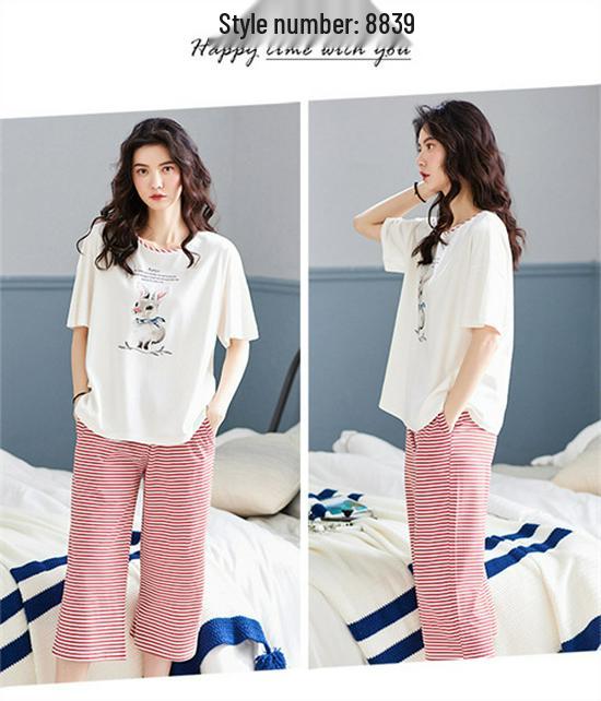 Aifen Teng Women's Summer Cotton Pajama Set: Short Sleeve Top & Three-Quarter Pants, Plus Size, All Cotton