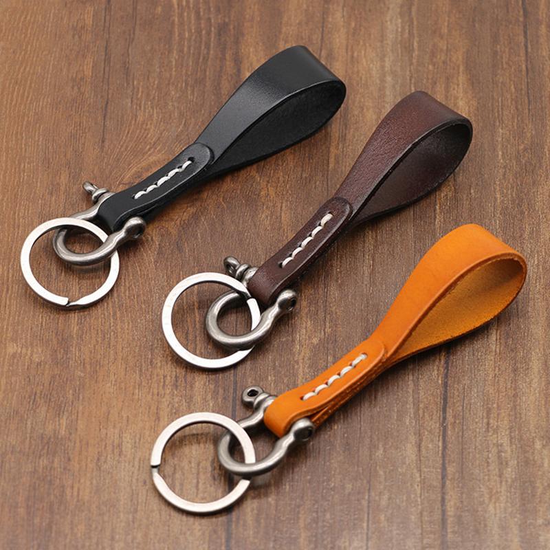 Simple Handmade High Quality Cowhide Keychain Lanyard Retro Copper Horseshoe Buckle Key Ring Pendant Gift
