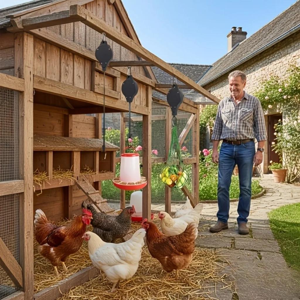 Adjustable Telescopic Chicken Feed Hanger, Durable Pulley Mount Design with Multipurpose Plant Hooks for Farm Use