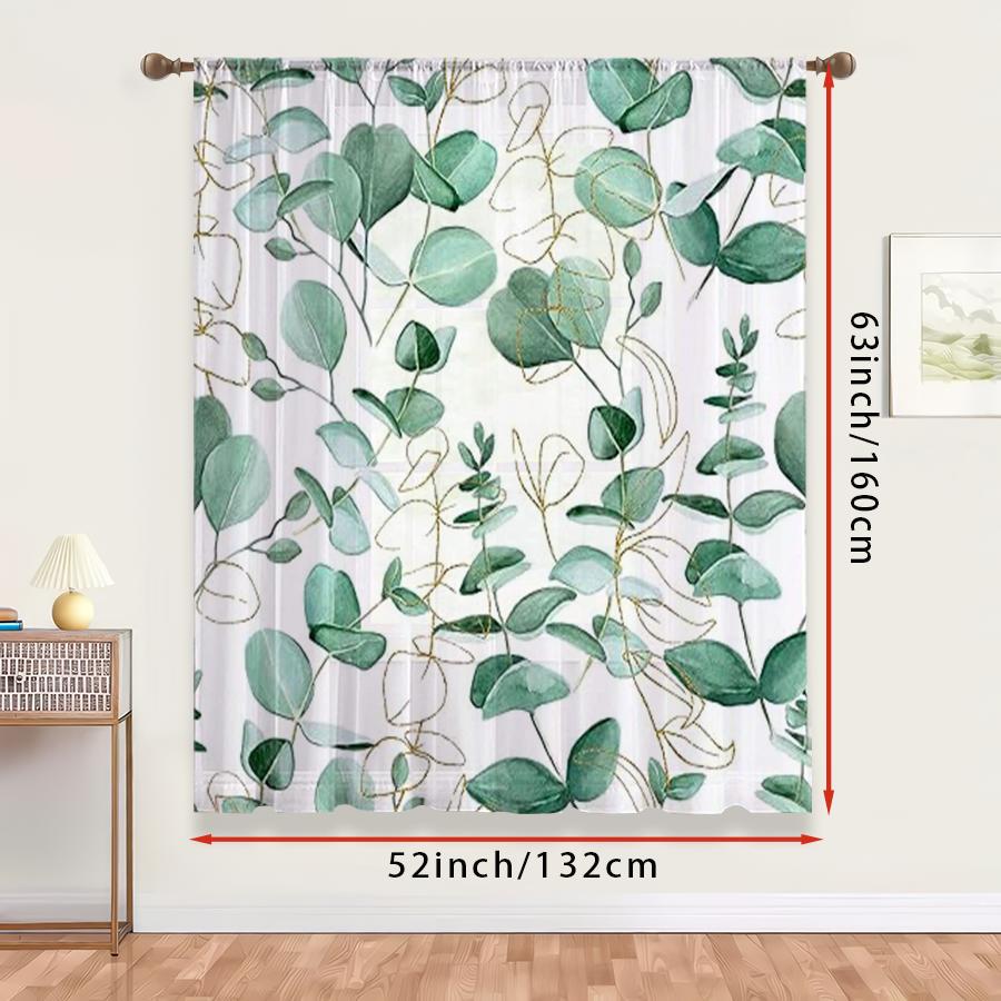 1PC Sheer Curtain Eucalyptus Leaf Golden Line Print, Rod Pocket Window Curtain for Living Room Luxury Home Decor