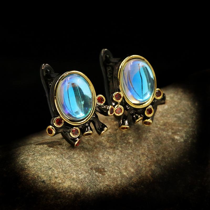 Retro Palace Baroque Style Silver Needle Earrings for Women's Earrings Moonlight Gem Earrings Earrings Black Gold Two Color Jewelry
