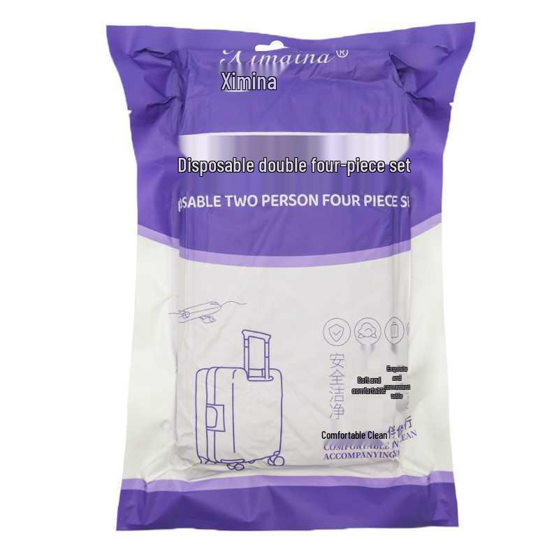 Purple Disposable 4-Piece Non-Woven Bedding Set: Bed Sheet & Duvet Cover for Hotel or Travel. Ideal for Comfortable, Naked Sleeping.