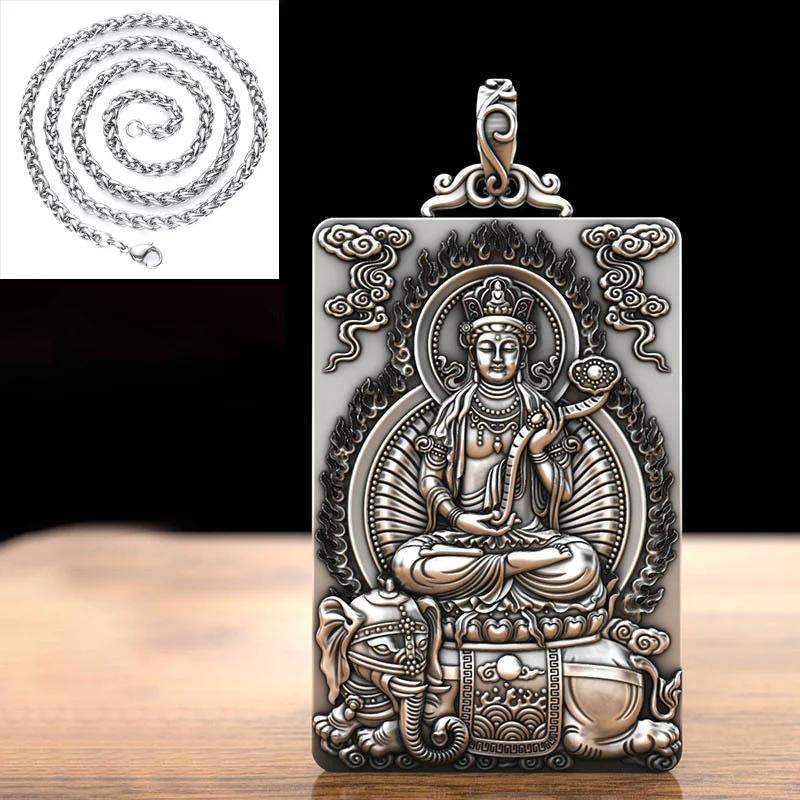 Exquisiter Anhänger im chinesischen Stil für Herren Kielkette Quadratisch Geschnitzt Tausend Avalokitesvara Bodhisattva Halskette Schmuck 45cm gray