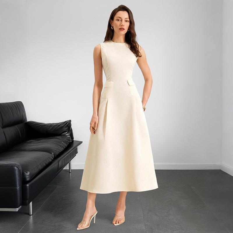 Elegant Summer Sleeveless A-line Long Skirt Dress for Women L абрикосовый