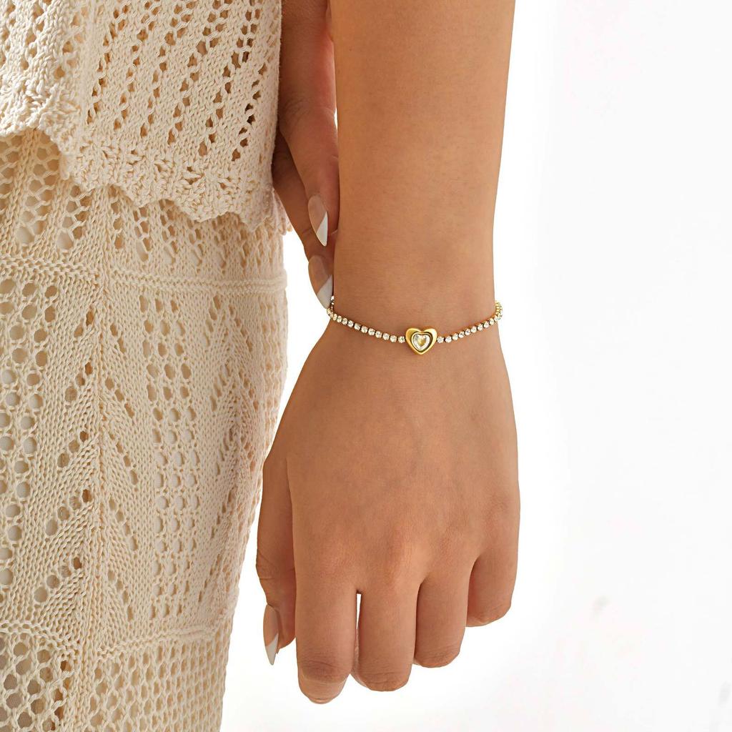 Vnox Heart-shaped Shiny ZC Stones Chain Bracelet, Simple Stainless Steel White Strap Wristband, Love Romantic Hand Jewelry Gifts