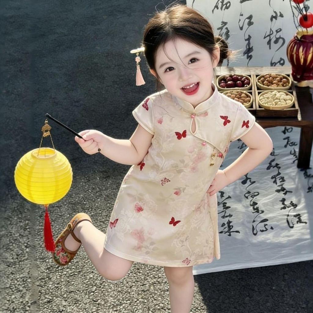2026 Summer Children's Butterfly Floral Cheongsam Dress - National Style for Girls