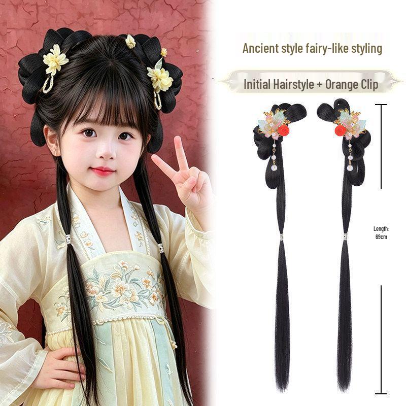 Girls' Hanfu Wig: Ancient Headdress, Children's Bun Bow Updo