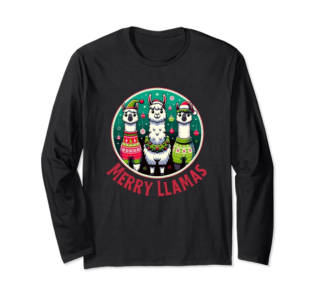 Merry Llamas Santa Hat Alpaka Festive Christmas Long Sleeve T-Shirt