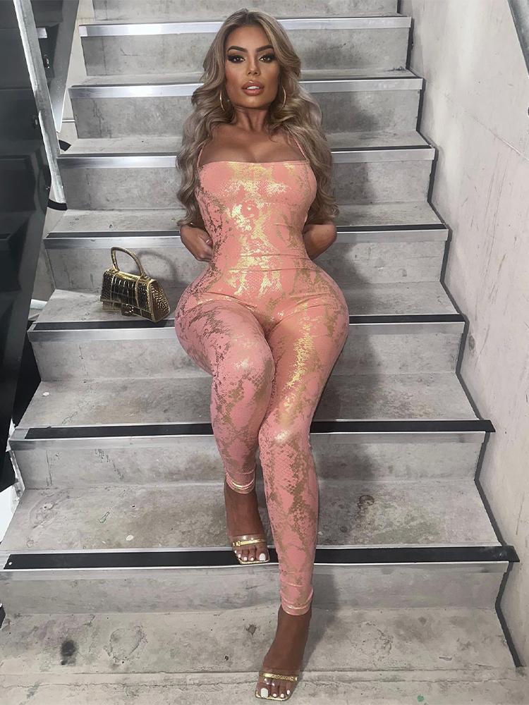 

Комбинезон с открытой спиной и перекрестными бретелями, сексуальный блестящий костюм на весну и лето для женской одежды, вечерние, клубная одежда S розовый
