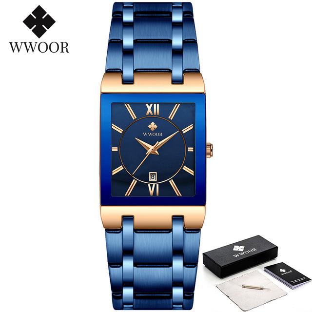 Fashion Stainless Steel Watches Men WWOOR Square Waterproof Quartz Watch Men Top Brand Luxury Gold Black Wristwatch For Man