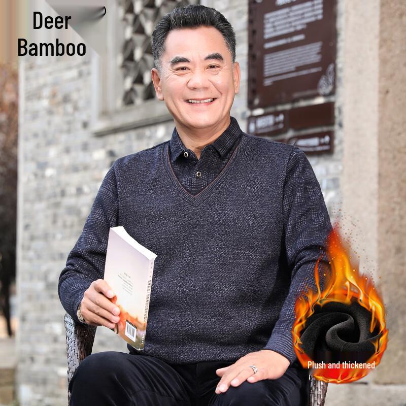 Men s Middle-Aged Fleece-Lined Faux Two-Piece Plaid Sweater 170