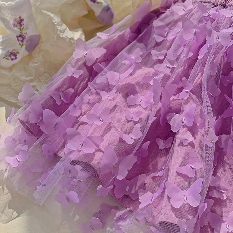 3D Butterfly Mesh Puff Sleeve Girls' Dress - 2025 Summer Smocked Waist Baby Princess Style