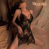 Manyan Sexy Deep V Lace See-Through Split Nightdress with Lace-Up Sling - Style 9105