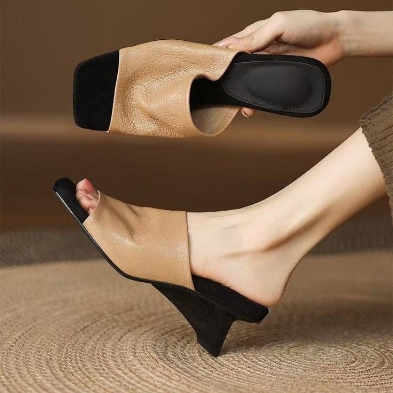 Fashion Soft Leather Sandals and Slippers for Women, New Summer Square Toe Open Toe Flip-flops with Skirt Special-shaped Wedge Heels