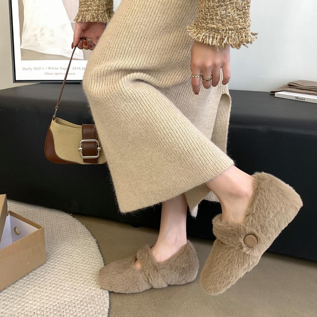 [Fanfuna] 2025 autumn new velvet thickened bag head fluffy shoes women's soft sole comfortable one-word cotton shoes