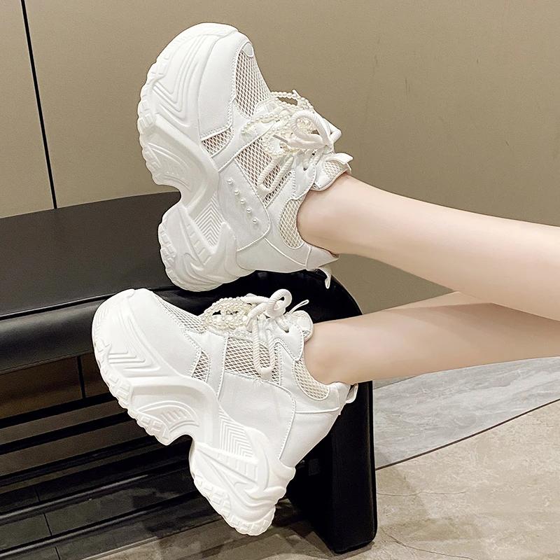 Fashion 10CM Women's Mesh Dad Shoes Thick Bottom Platform Sneakers New 2025 Summer Casual High Heel Sport Shoes Breathable Pearl Loafers