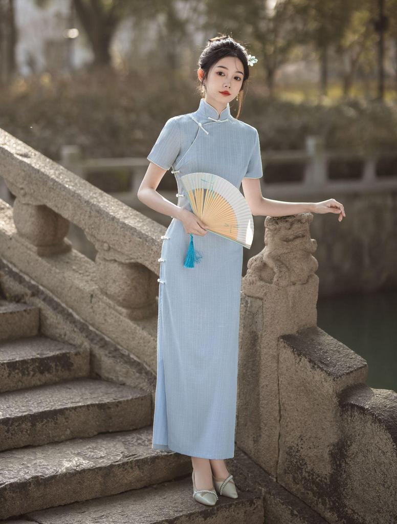 2024 Spring/Summer Floor-Length Chinese Style Qipao: Comfortable, Breathable, Daily Wear with Full Opening