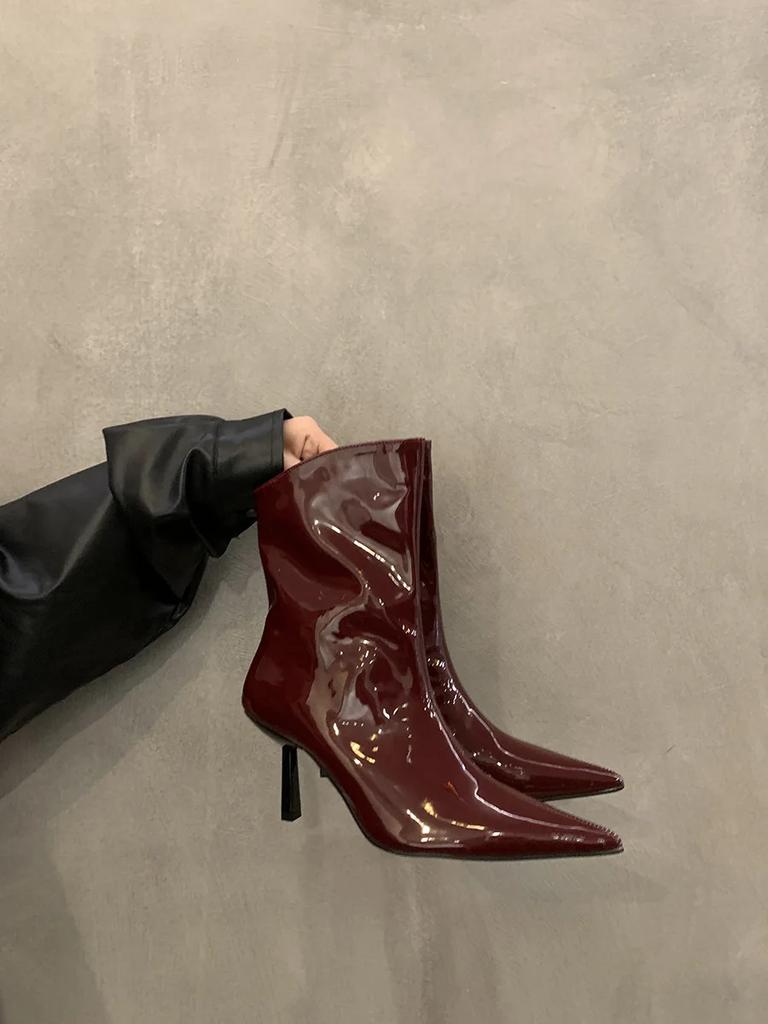 Patent Leather High Heel Women Ankle Boots Fashion Pointed Toe Autumn Winter Ladies Elegant Mordern Short Booties 2025