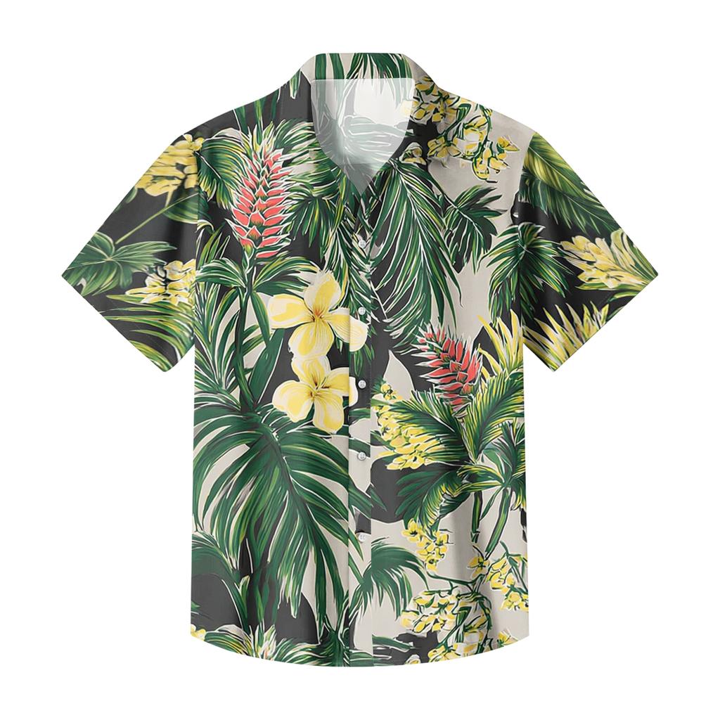 Casual losvallend herenshirt met korte mouwen, tropische bloemenprint, knoopsluiting, voor zomer, strand, buiten