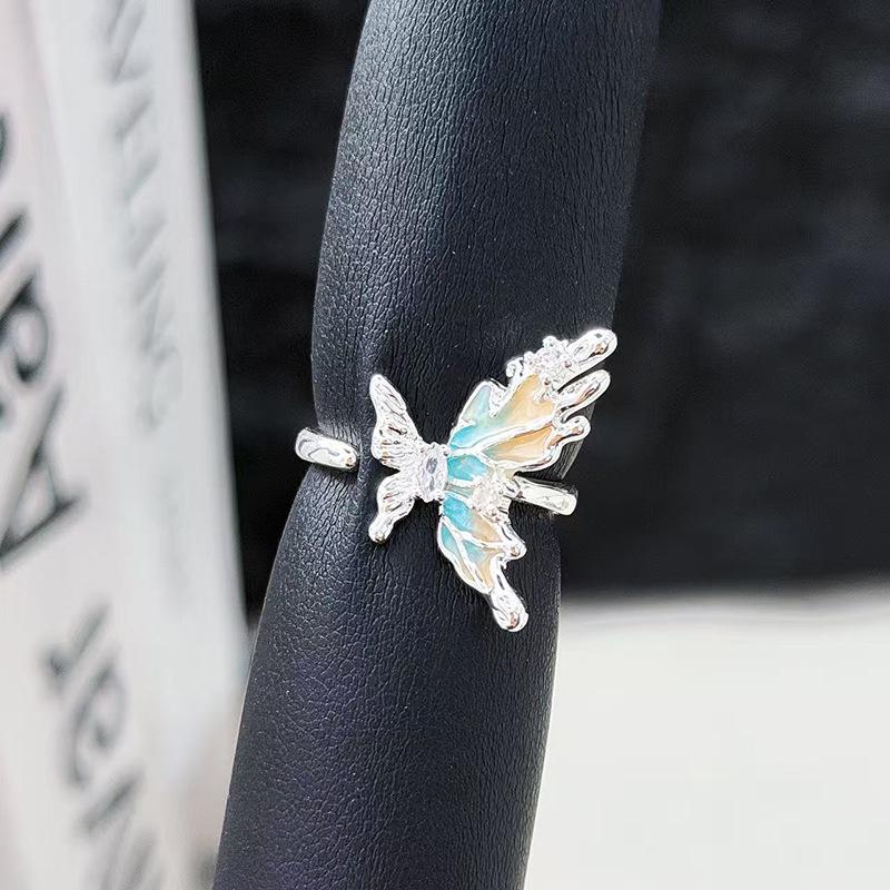High Sense Gradual Change Butterfly Enamel Open Ring Flower Bead Niche Design Temperament Exquisite Ring Woman