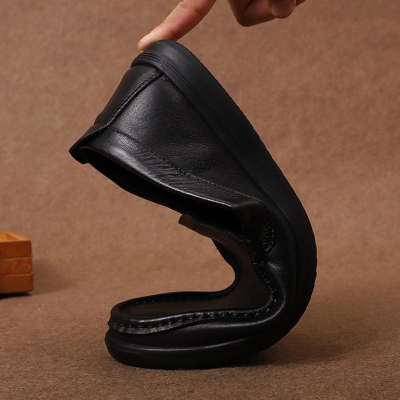 Spring and Summer New Low Cut Black Flat Heel Casual Single Shoes with Round Toe and Layered Cowhide for Business and Casual Men's Leather Shoes