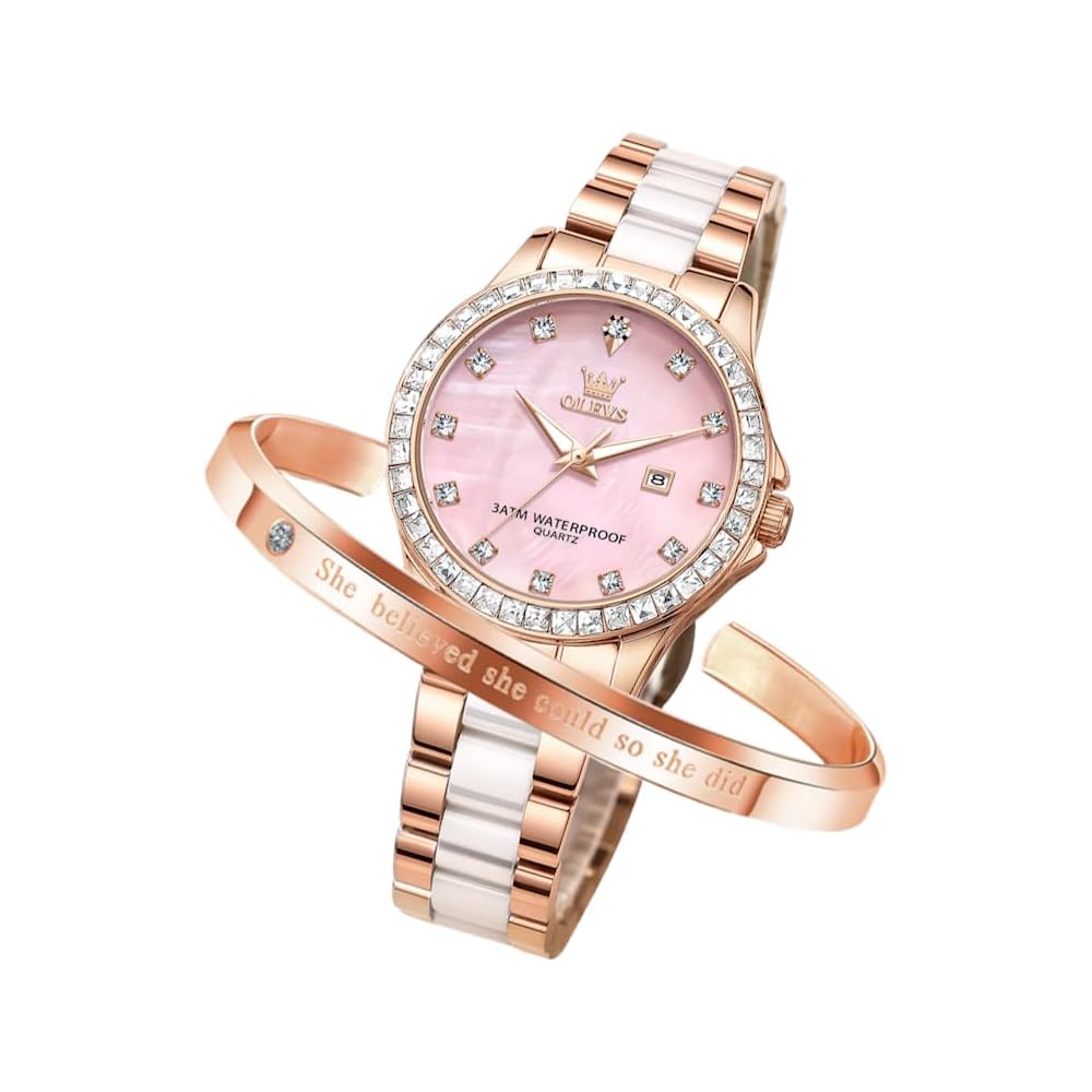 OLEVS Women s Shell Dial Ceramic Diamond Date Waterproof Luminous Watch with Bracelet Pink Gold