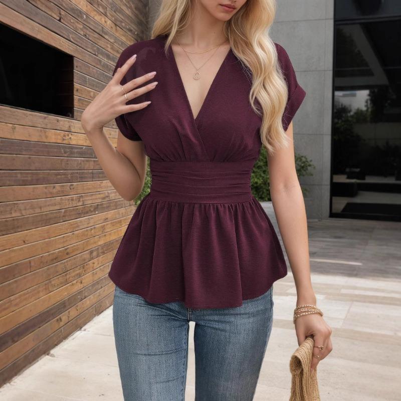 Spring Hot Sale V-neck Waist Solid Color Raglan Sleeve Skirt Pleated T-sleeve Women's Top