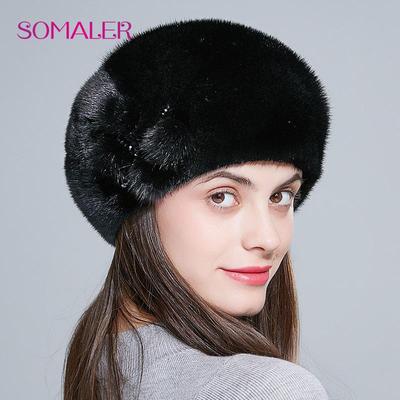 Winter Mink Fur Berets for Female Whole Black Mink Fur Women Hats Warm Fur Flower Caps