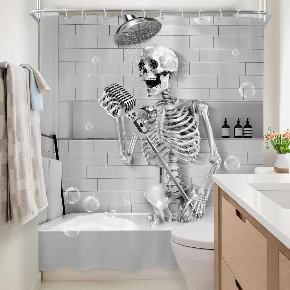 Funny Skull Singing In Bathtub Printed Shower Curtain Rustic Gothic Skeleton For Bathroom Decor