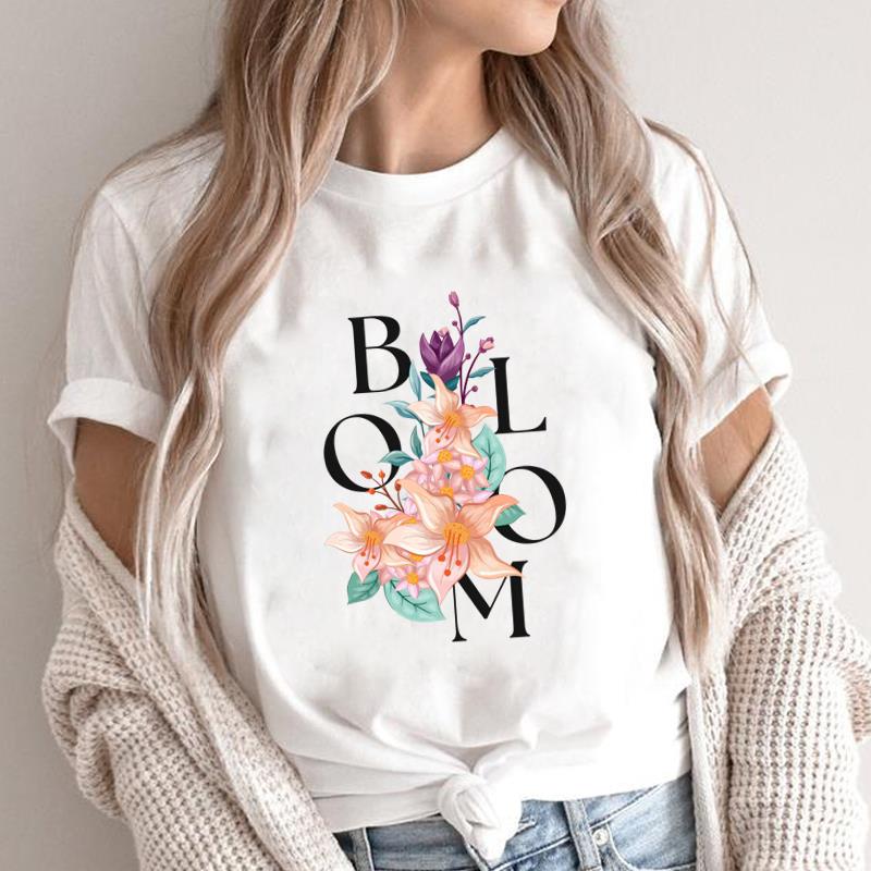 (Asian Size) lovely flower style 90s O-neck Short Sleeve T-shirts Print Casual Top T Graphic Tee Fashion Female Women's Clothing