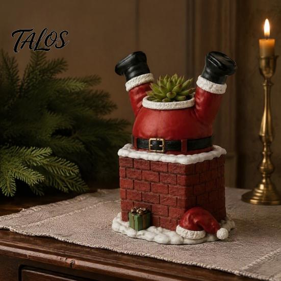 Christmas Themed Yard Ornament Santa Claus in Smokestack Flower Pot Ornament, Resin Decorative Plant Creative Gardening Accessory Container, Small for