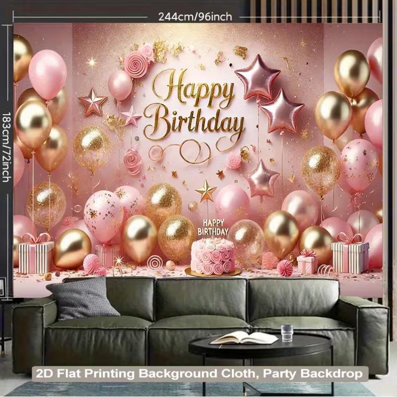 2D Birthday Photography Background, Pink Gold Themed Party Backdrop Banner