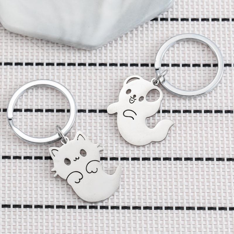 Ghost Cat Dog Stainless Steel Keychain Halloween Cartoon Design Fashion Keyring Practical Cute Backpack Pendant