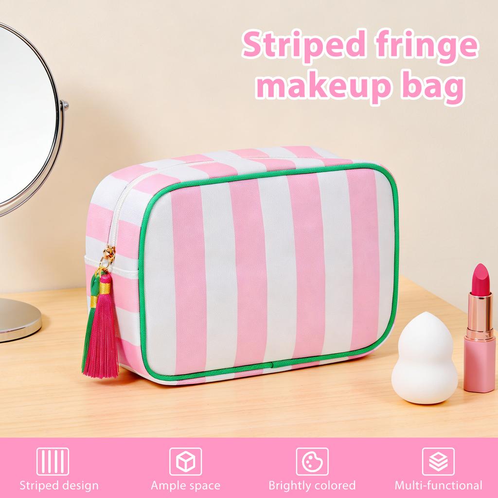 Travel Makeup Bag Portable Tassel Toiletry Bag with Zipper Fashionable Stripe Multi-purpose Storage Bag for Skincare Haircare