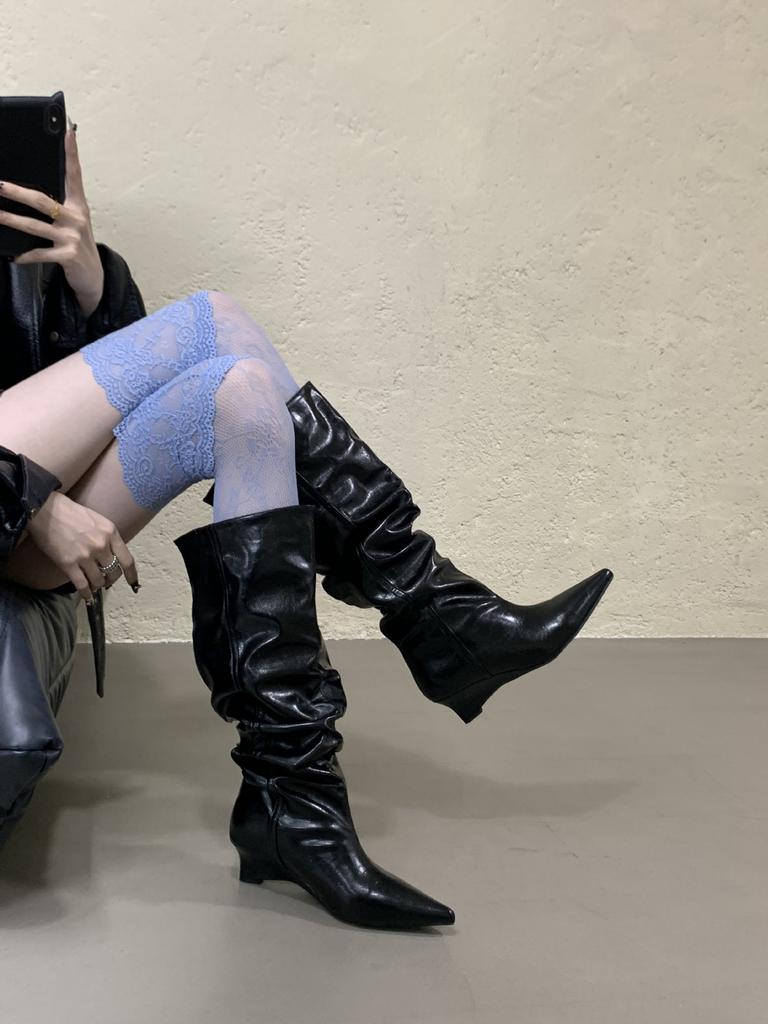 Autumn and winter new European and American long tube slope heel wide tube high boots wrinkled but knee piled boots