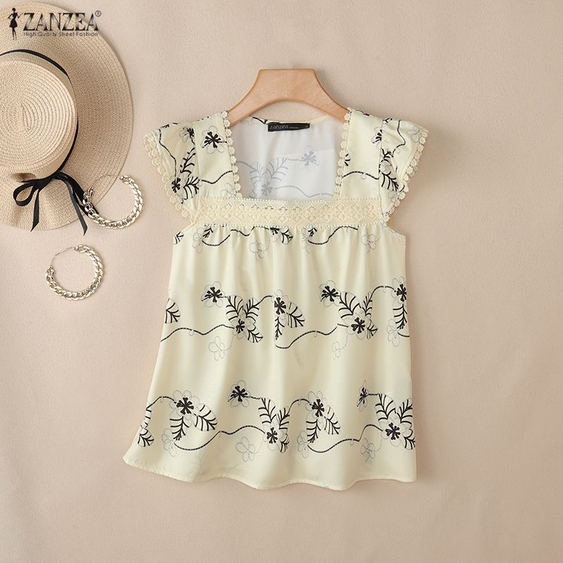 ZANZEA Women Elegant Square Collar Casual Sleeveless Print Tank Tops